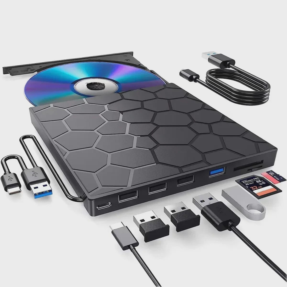 Externe DVD/CD Brander & Speler met USB 3.0 en Type-C | 7-in-1 Multifunctionele Drive voor PC & Mac