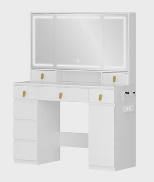 Kaptafel met Spiegel, LED Verlichting, Stopcontact & Föhn Houder - 8 Lades, 3 Kleuren, Dimbaar