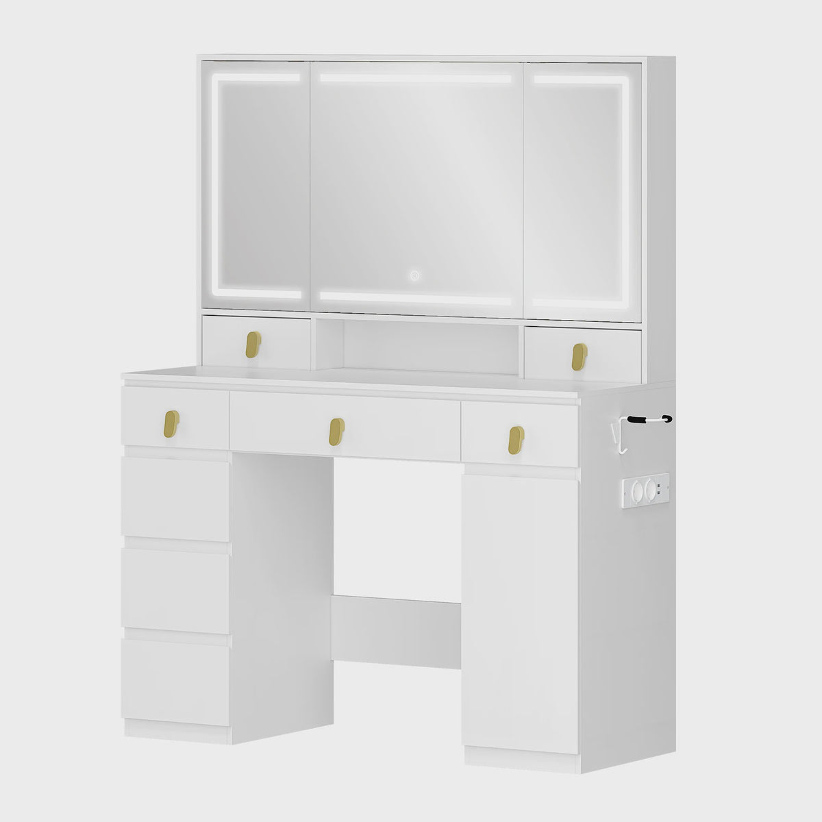 Kaptafel met Spiegel, LED Verlichting, Stopcontact & Föhn Houder - 8 Lades, 3 Kleuren, Dimbaar