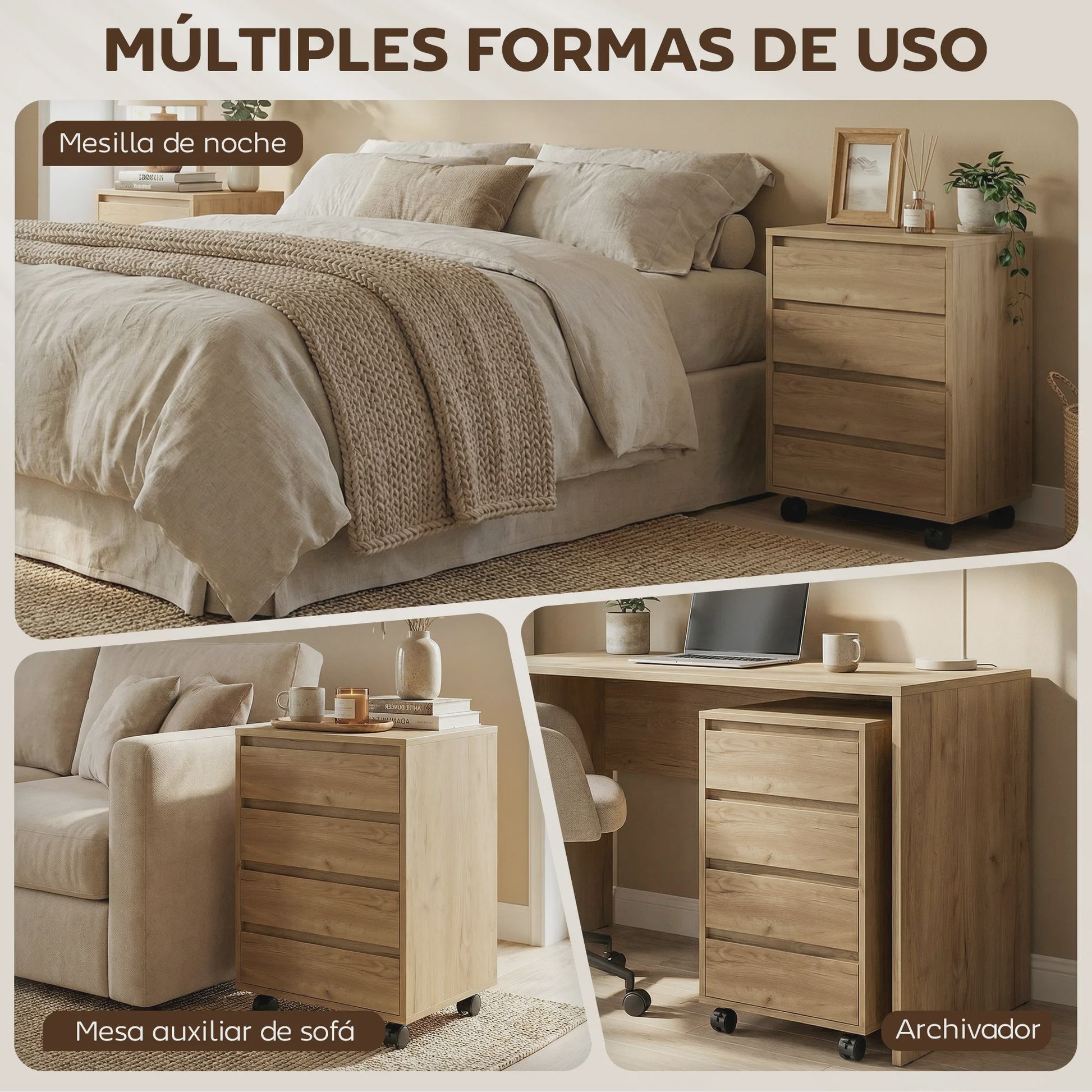 Mobiele Ladekast met 4 Lades - Bureau Ladekast op Wielen - 46x40x65 cm - Bruin