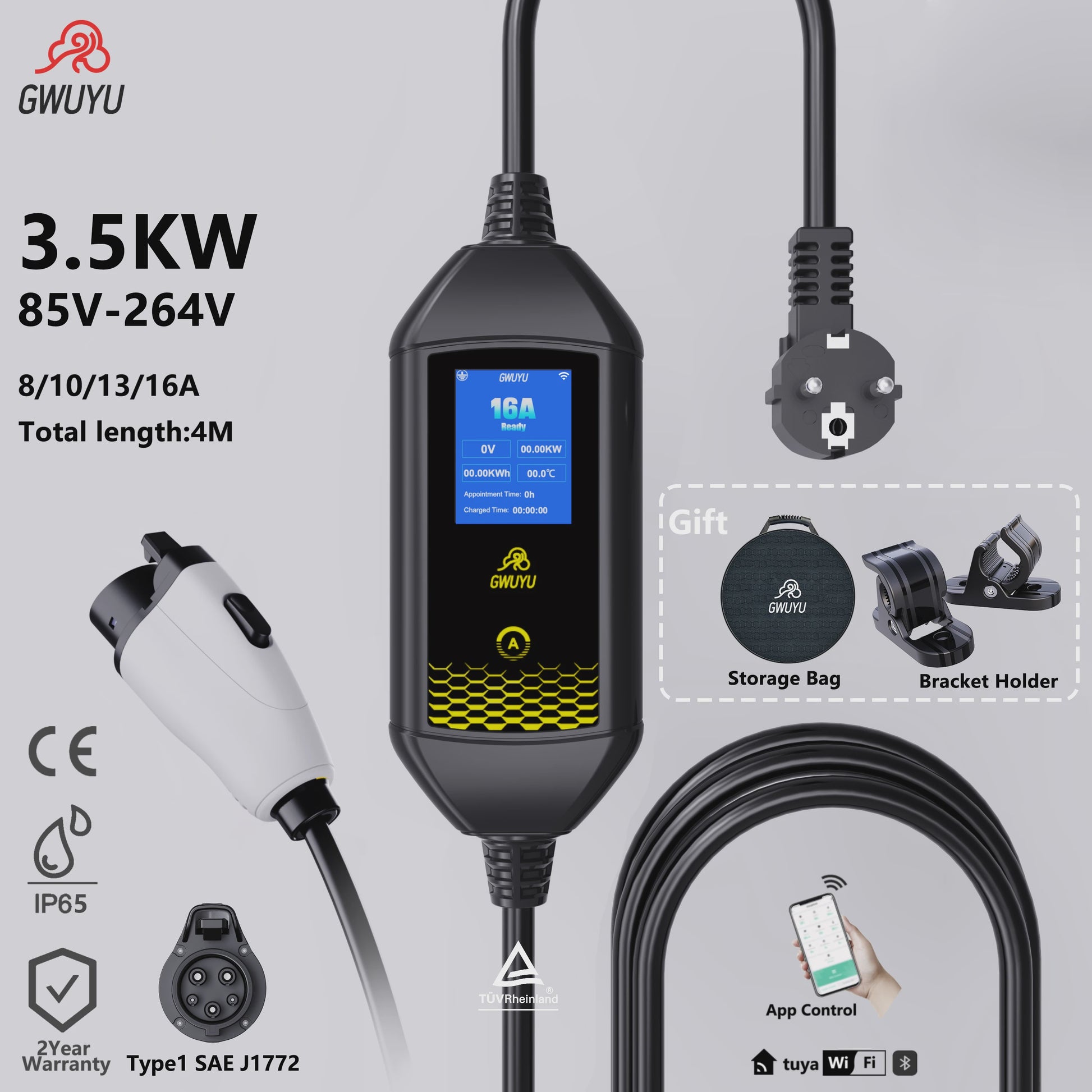 Draagbare EV Charger GWUYU 3.5kW - Type 1, 2, GBT - APP Bediening