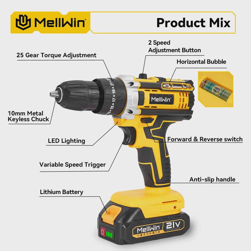 MELLWIN Accu Klopboormachine Set 25+3 Nm Koppel - 10mm Klopboormachine met 2x 21V Batterijen