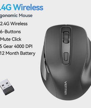 Vention Ergonomische Draadloze Muis: Bluetooth 5.1 & 2.4G Dual-Mode, 4000 DPI, Stille Knoppen