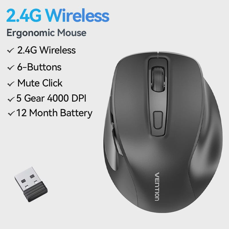 Vention Ergonomische Draadloze Muis: Bluetooth 5.1 & 2.4G Dual-Mode, 4000 DPI, Stille Knoppen
