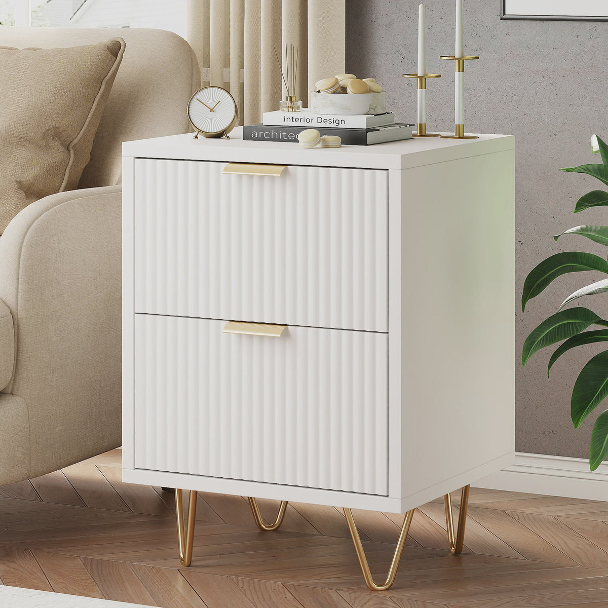 Moderne Witte Nachtkastje met 2 Lades en Gouden Poten - Scandinavisch Design