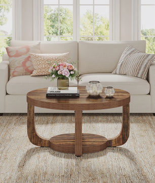 Ronde Salontafel met 2 Niveaus en Opslag - Modern Houten Accent Tafel