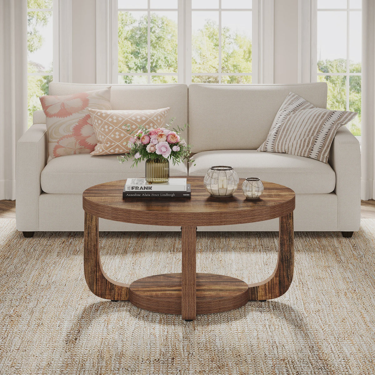 Ronde Salontafel met 2 Niveaus en Opslag - Modern Houten Accent Tafel