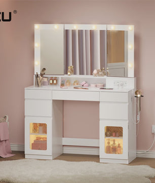 WOLTU Kaptafel met 3-delige spiegel, 10 LED-lampjes en laadstation - Ideaal voor de slaapkamer