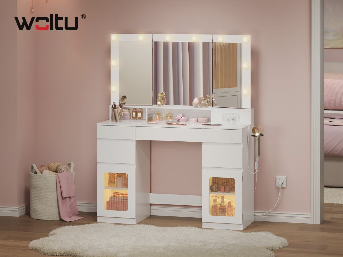 WOLTU Kaptafel met 3-delige spiegel, 10 LED-lampjes en laadstation - Ideaal voor de slaapkamer
