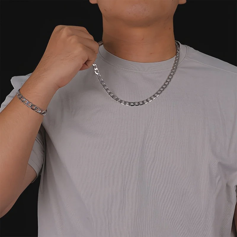 Set: 925 Sterling Zilveren Collier & Armband - 8mm Cuban Link - Minimalistisch & Luxe Cadeau