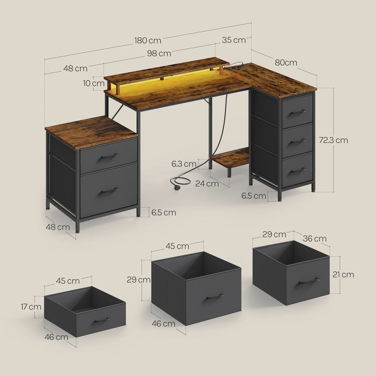 L-vormig Gaming Bureau met 5 Lades, USB Opladen & LED Verlichting - Hoekbureau voor Thuiswerkplek