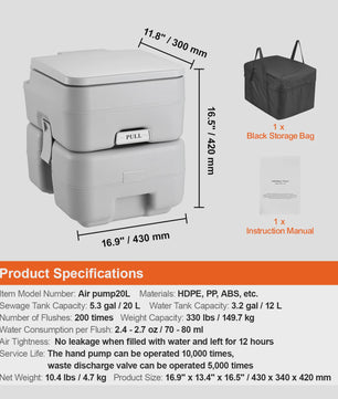 Draagbaar Toilet voor Camping & Camper - 12L/20L Tank, Spoelfunctie, Inclusief Draagtas