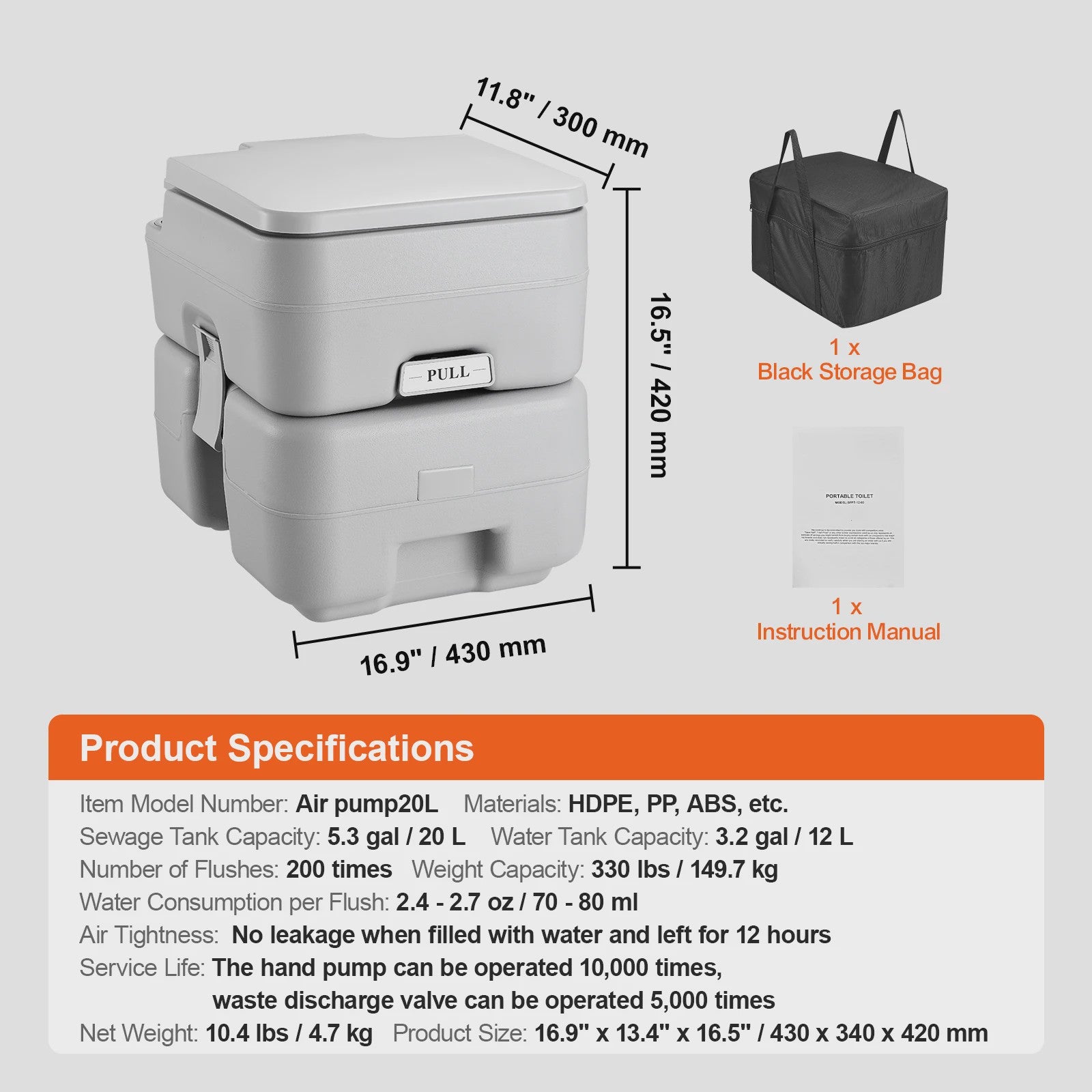 Draagbaar Toilet voor Camping & Camper - 12L/20L Tank, Spoelfunctie, Inclusief Draagtas