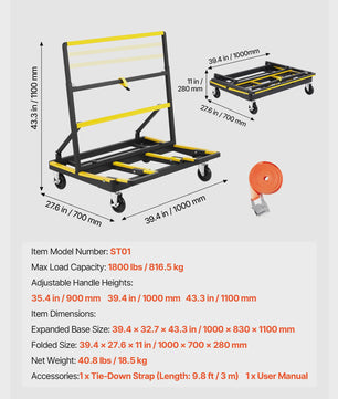 Robuuste Gipsplatenkar met Spanband & Uitklapbaar Dek - 1800 lbs / 816 kg Capaciteit