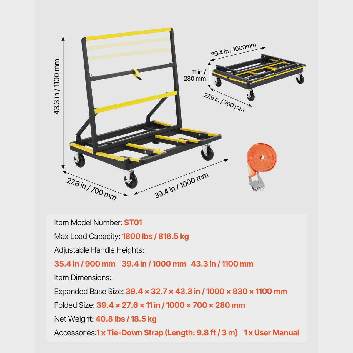 Robuuste Gipsplatenkar met Spanband & Uitklapbaar Dek - 1800 lbs / 816 kg Capaciteit
