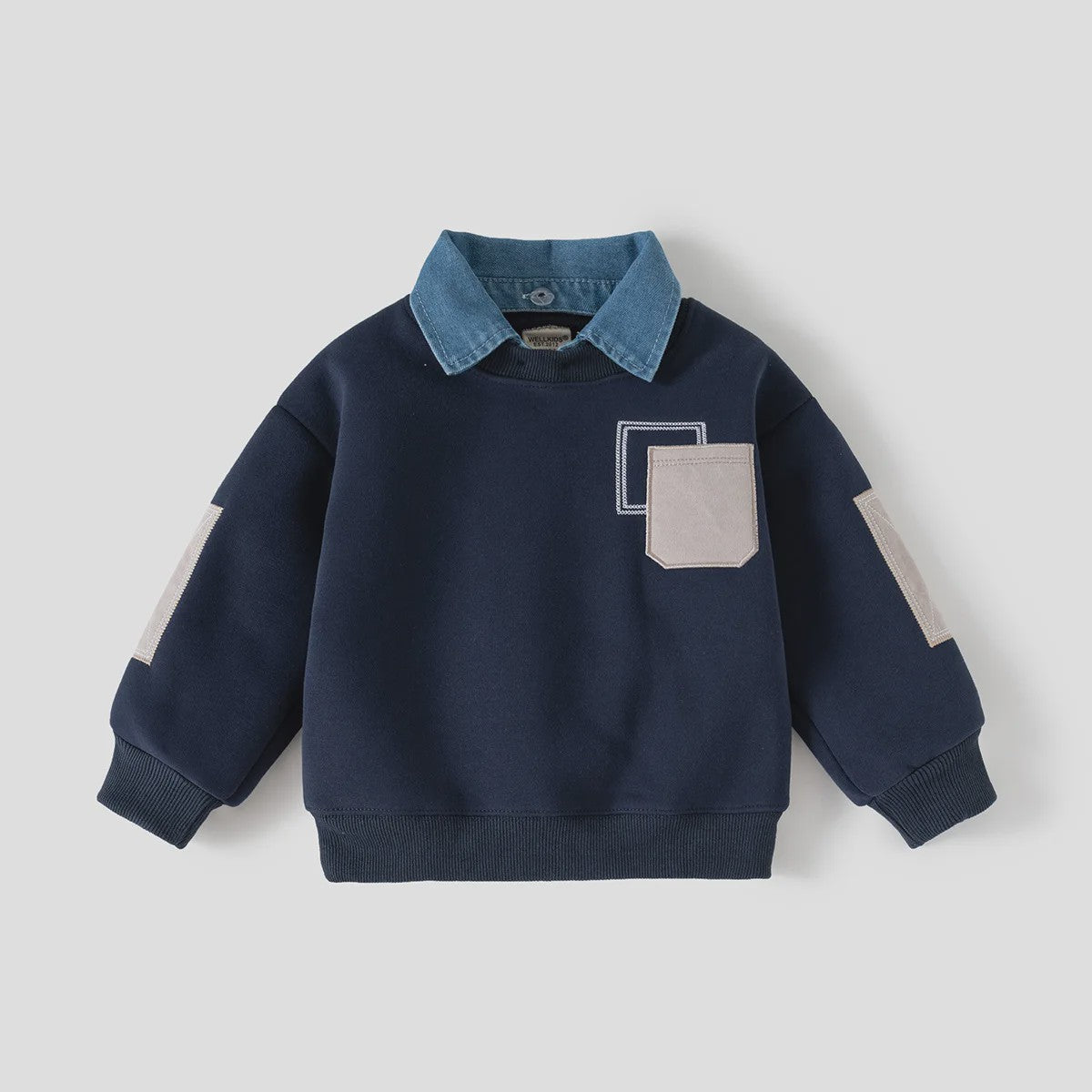 Sweatshirt Jongens met Denim Kraag en Patchzak - Casual Kinder Pullover