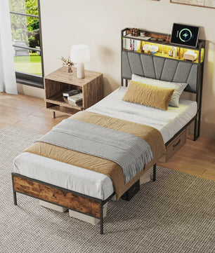 90x200cm Bedframe met LED Opberg Hoofdbord - Metaal & Hout - Gestoffeerd - Geen Boxspring Nodig