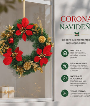Kunstkerstkrans Rood met Poinsettia & Gouden Dennenappels - 45/55cm