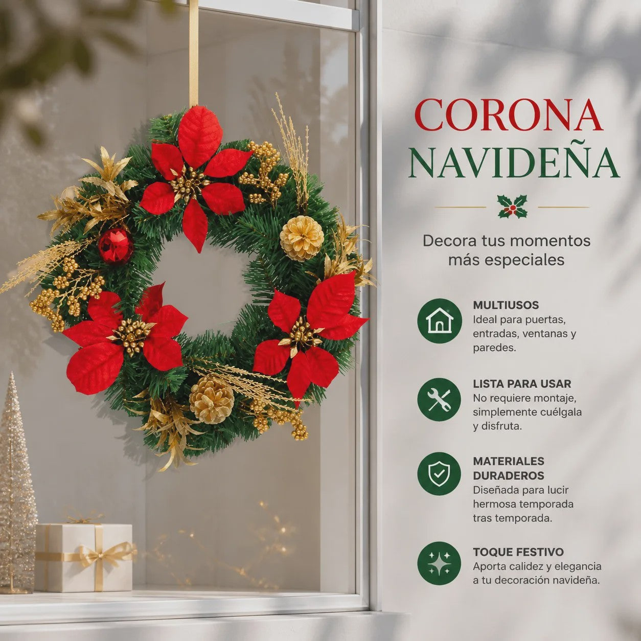 Kunstkerstkrans Rood met Poinsettia & Gouden Dennenappels - 45/55cm