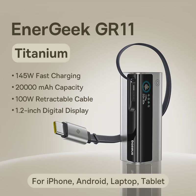 Baseus 145W Powerbank 20000mAh met Ingebouwde 100W Intrekbare USB-C Kabel