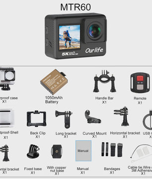 Ourlife MTR60 Pro 5K Actiecamera: 4K60FPS, WiFi, Waterdicht, Touchscreen & Afstandsbediening