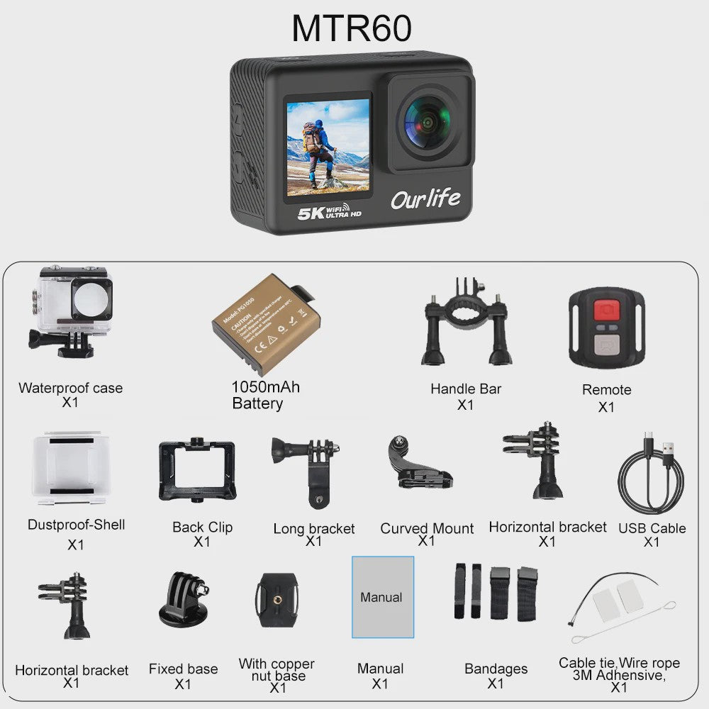 Ourlife MTR60 Pro 5K Actiecamera: 4K60FPS, WiFi, Waterdicht, Touchscreen & Afstandsbediening