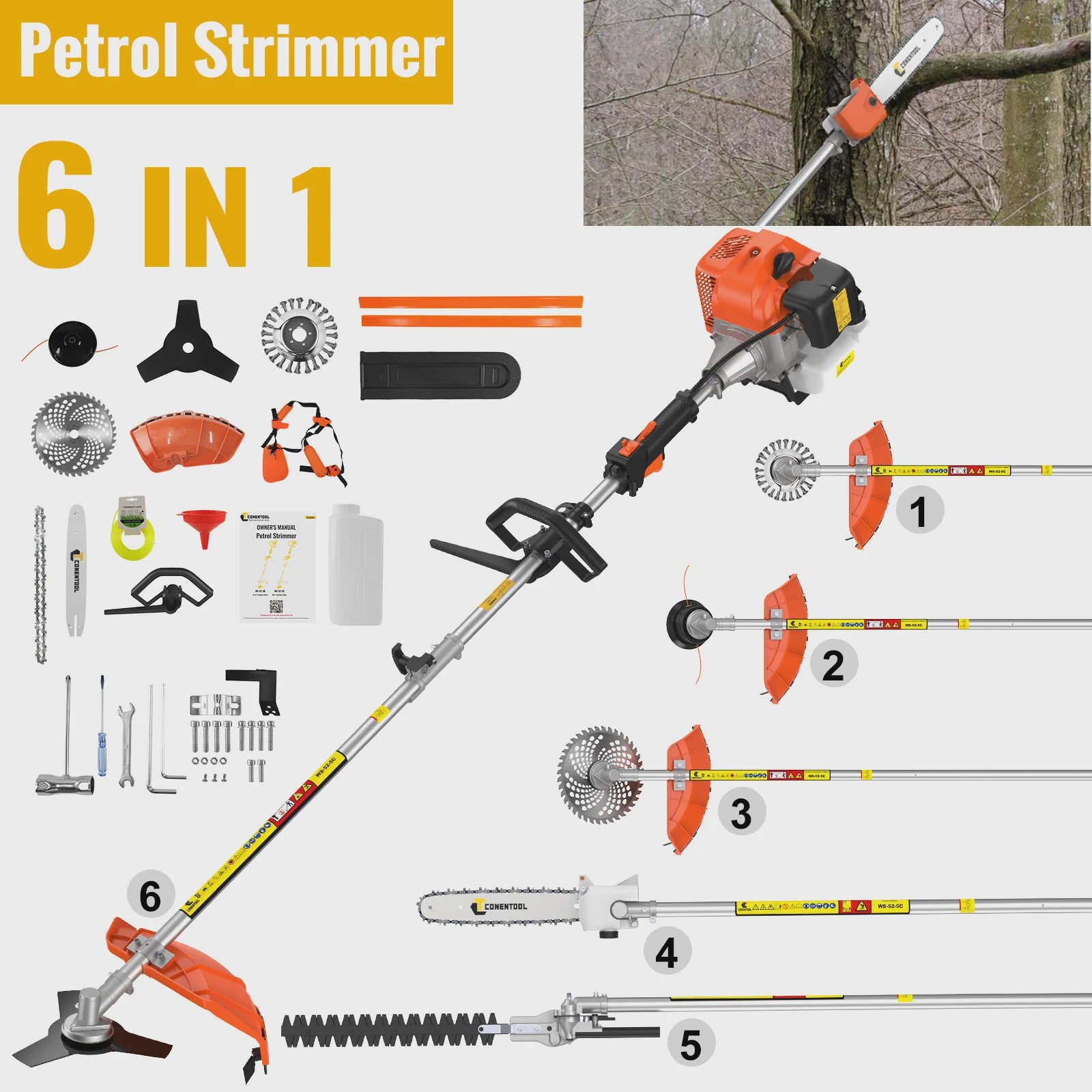 CONENTOOL 6-in-1 Benzine Bosmaaier met Kettingzaag & Heggenschaar - 52cc Krachtig Tuingereedschap