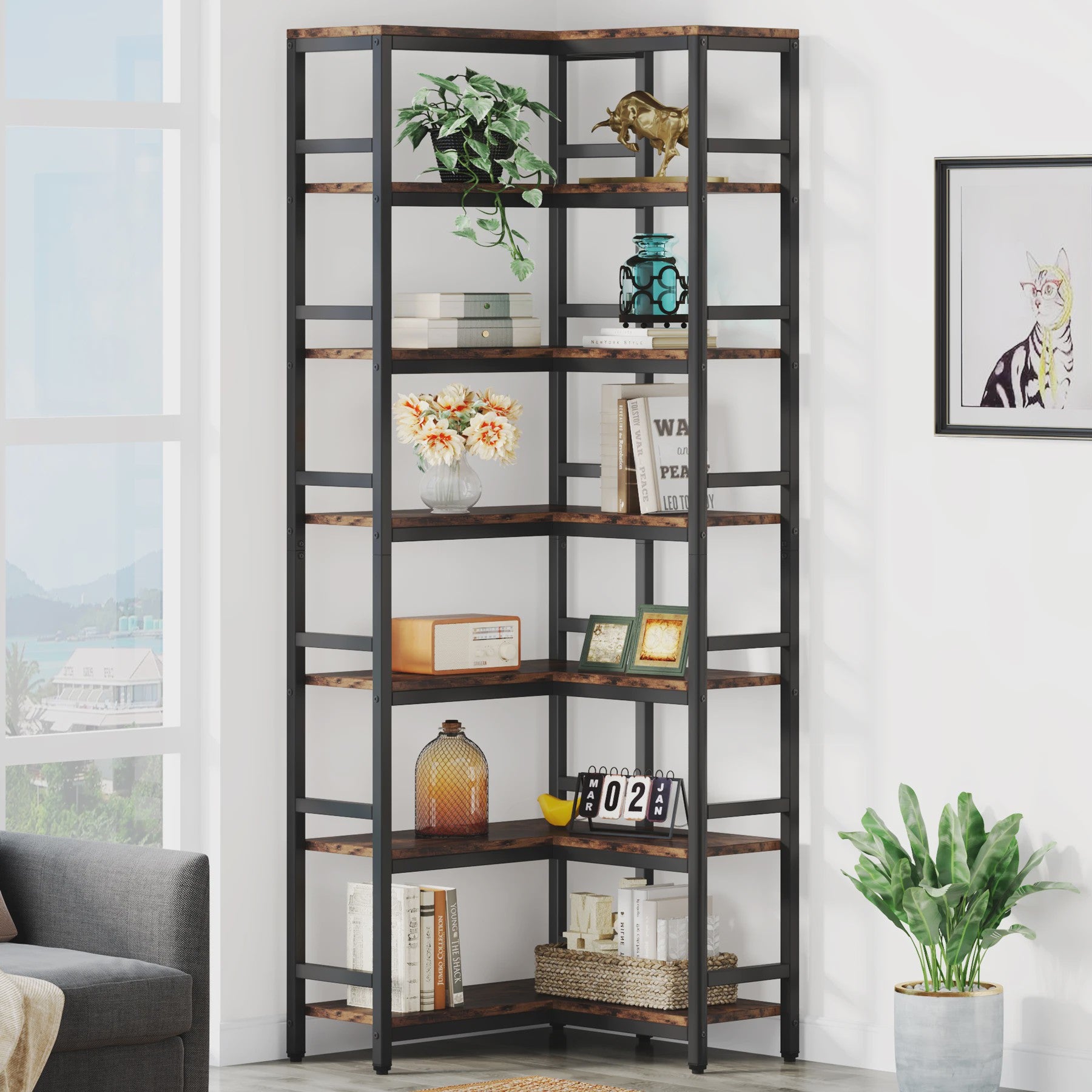 Industriële Hoek Boekenkast 7 Lagen - 200cm Hoog - Stijlvol en Ruim