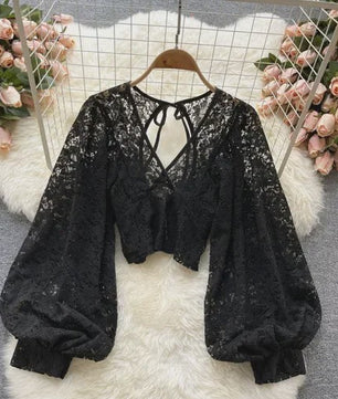 Elegante Dames Blouse met Kant en Lantaarnmouwen - V-hals & Backless