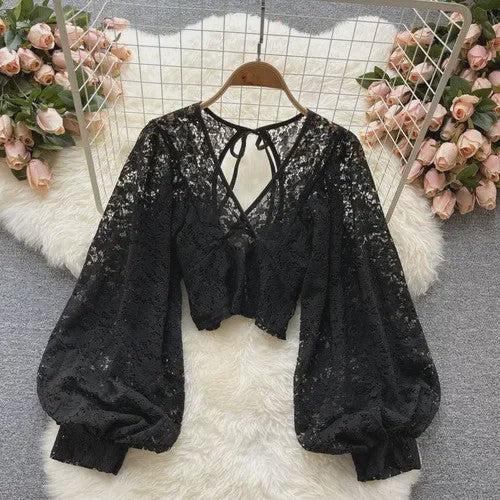 Elegante Dames Blouse met Kant en Lantaarnmouwen - V-hals & Backless