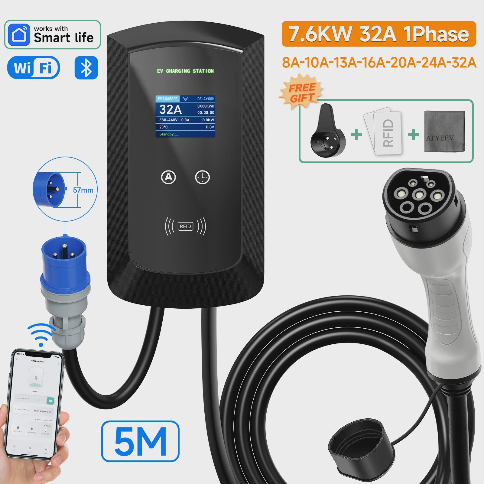 AFEEV 7.6/11/22kW 3-Fase EV Laadstation met Type 2 stekker, WiFi & App Controle
