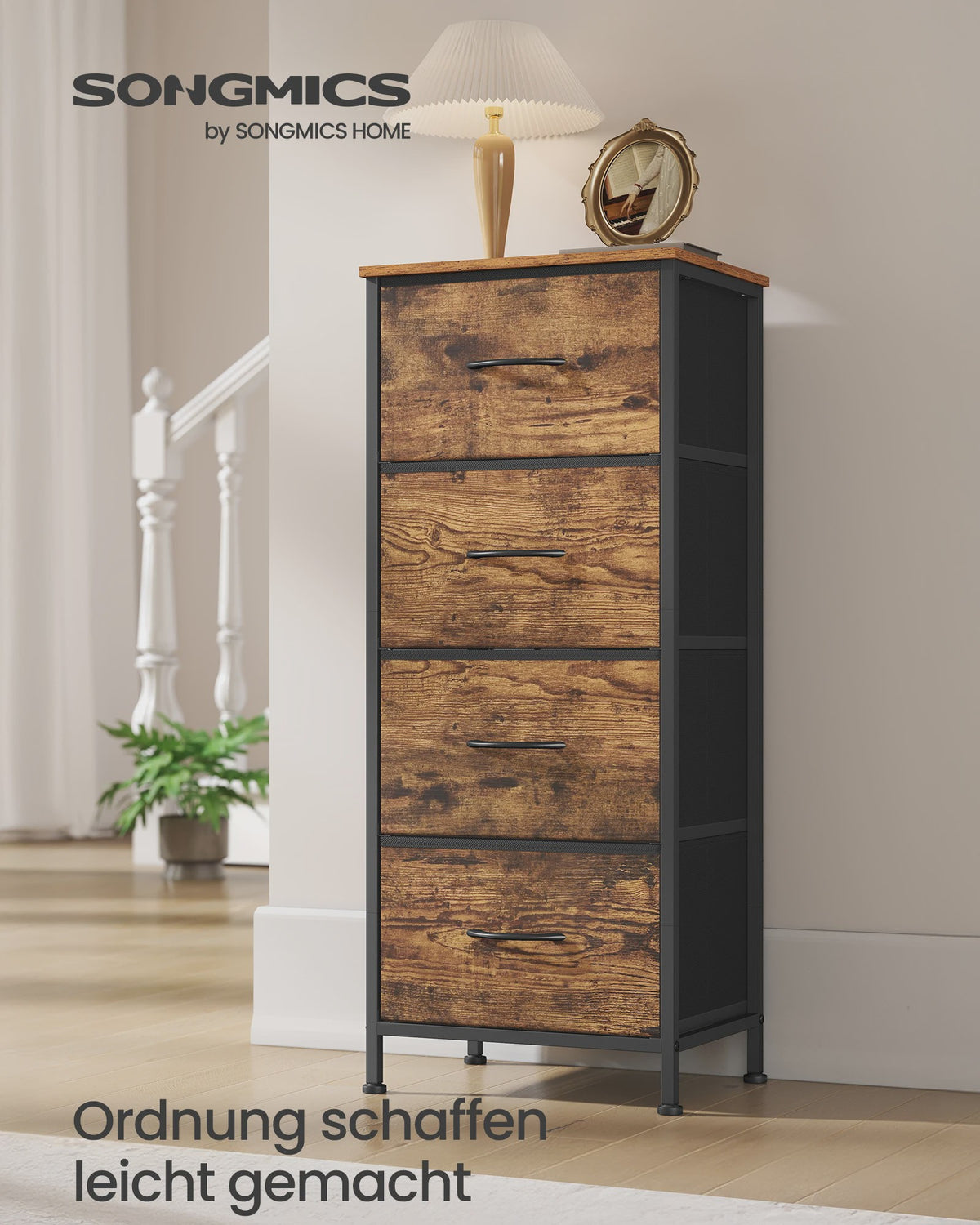 SONGMICS Ladekast met 4 Stoffen Lades - Opbergkast met Stalen Frame en MDF Topblad