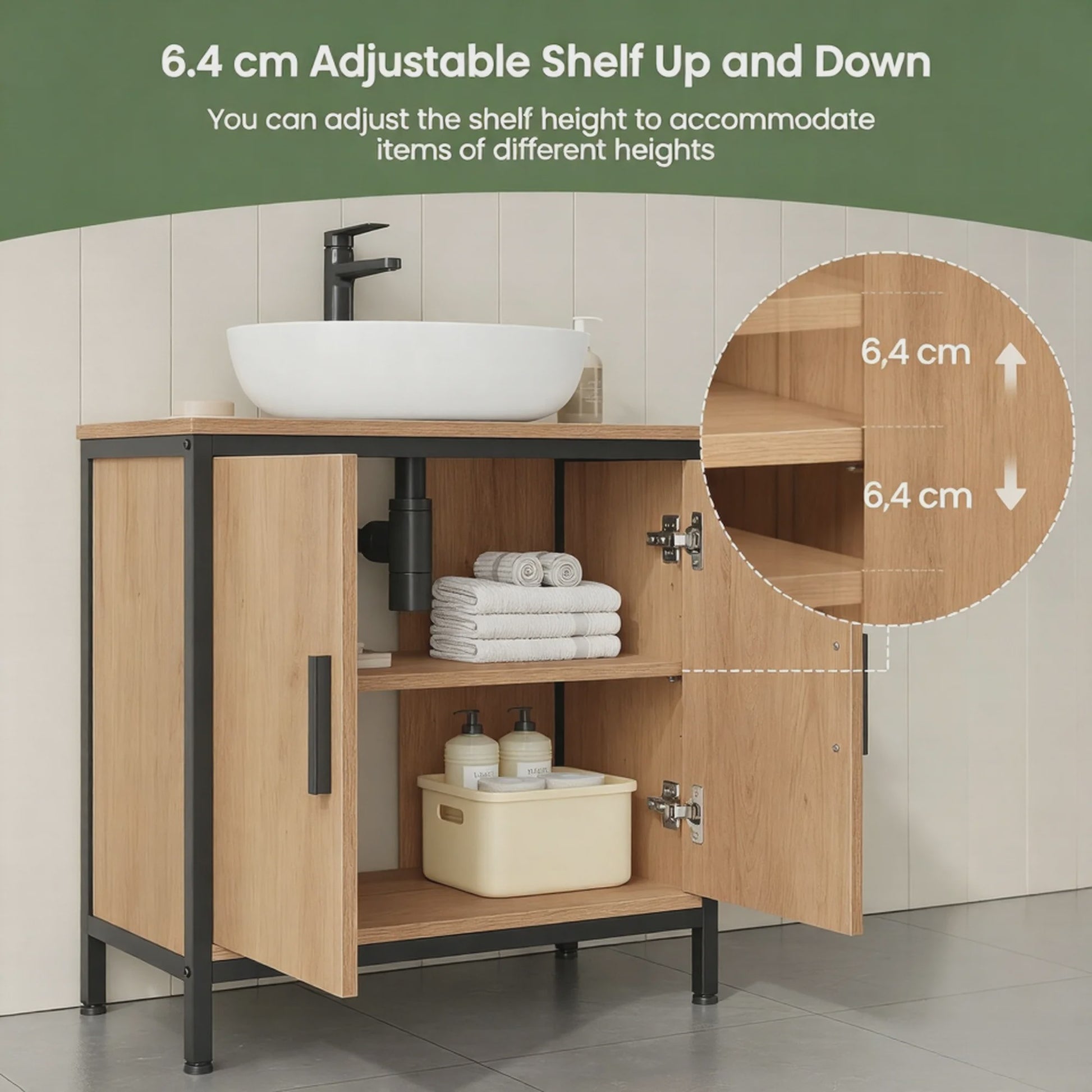 Badkamermeubel Onderbouw Wastafelkast 60x60x30cm - Houtkleurig met Metalen Frame