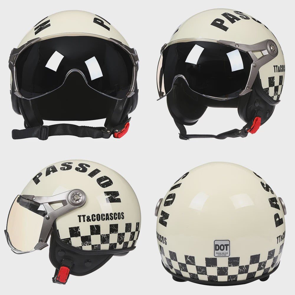 Retro Jethelm Open Face Motorhelm met Afneembaar Vizier - Vintage Scooter & Vespa Helm
