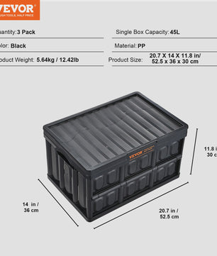 Set van 3 Opvouwbare Opbergkratten met Deksel - 45L & 65L