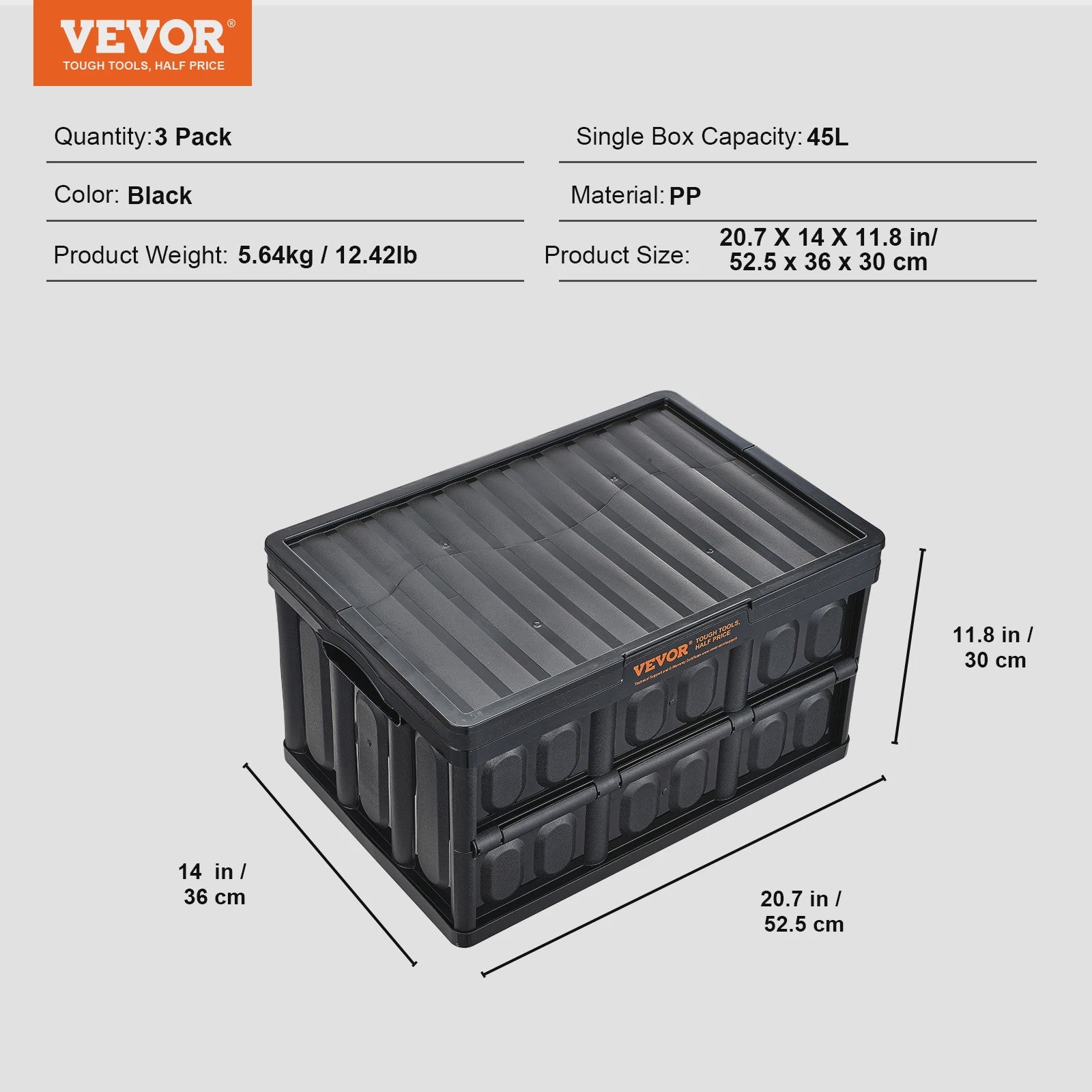 Set van 3 Opvouwbare Opbergkratten met Deksel - 45L & 65L