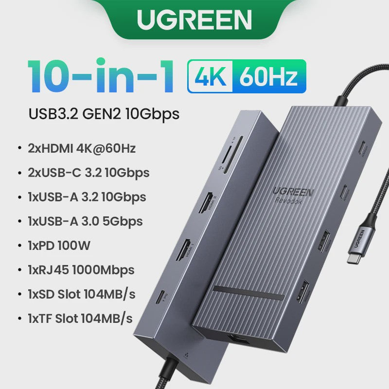 UGREEN 10-in-1 USB-C Hub: 8K/4K Dual HDMI, RJ45, USB 3.0, PD 100W - Docking Station voor MacBook & Laptop