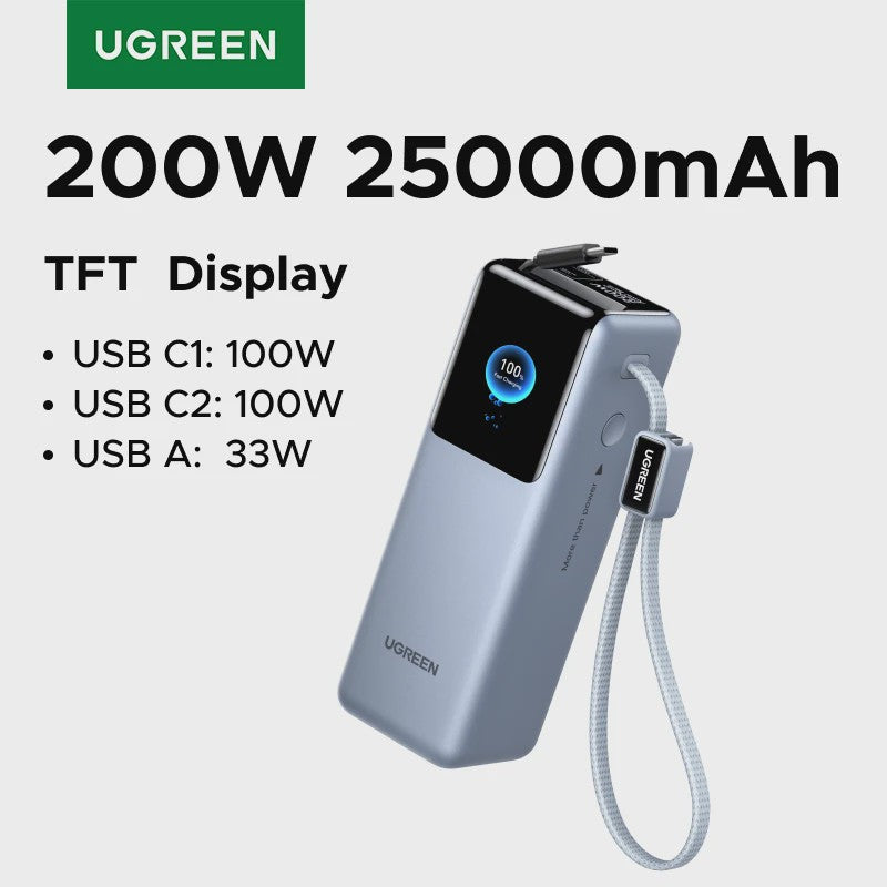 UGREEN Nexode Pro 200W Powerbank 25000mAh met Ingebouwde Kabels - Snel Laden voor Laptops