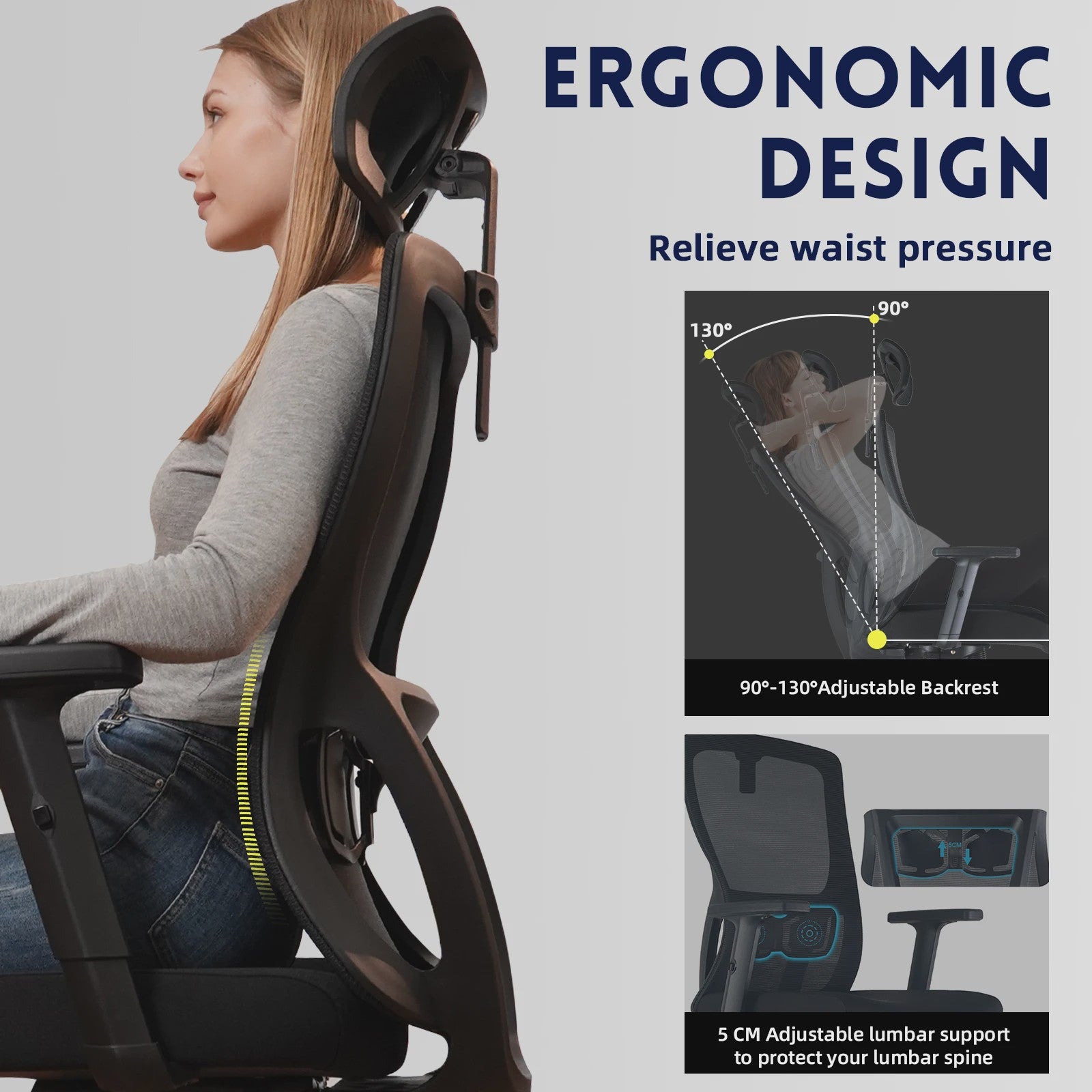 Ergonomische Bureaustoel met Hoge Rugleuning, Verstelbare Hoofdsteun en 150kg Draagkracht