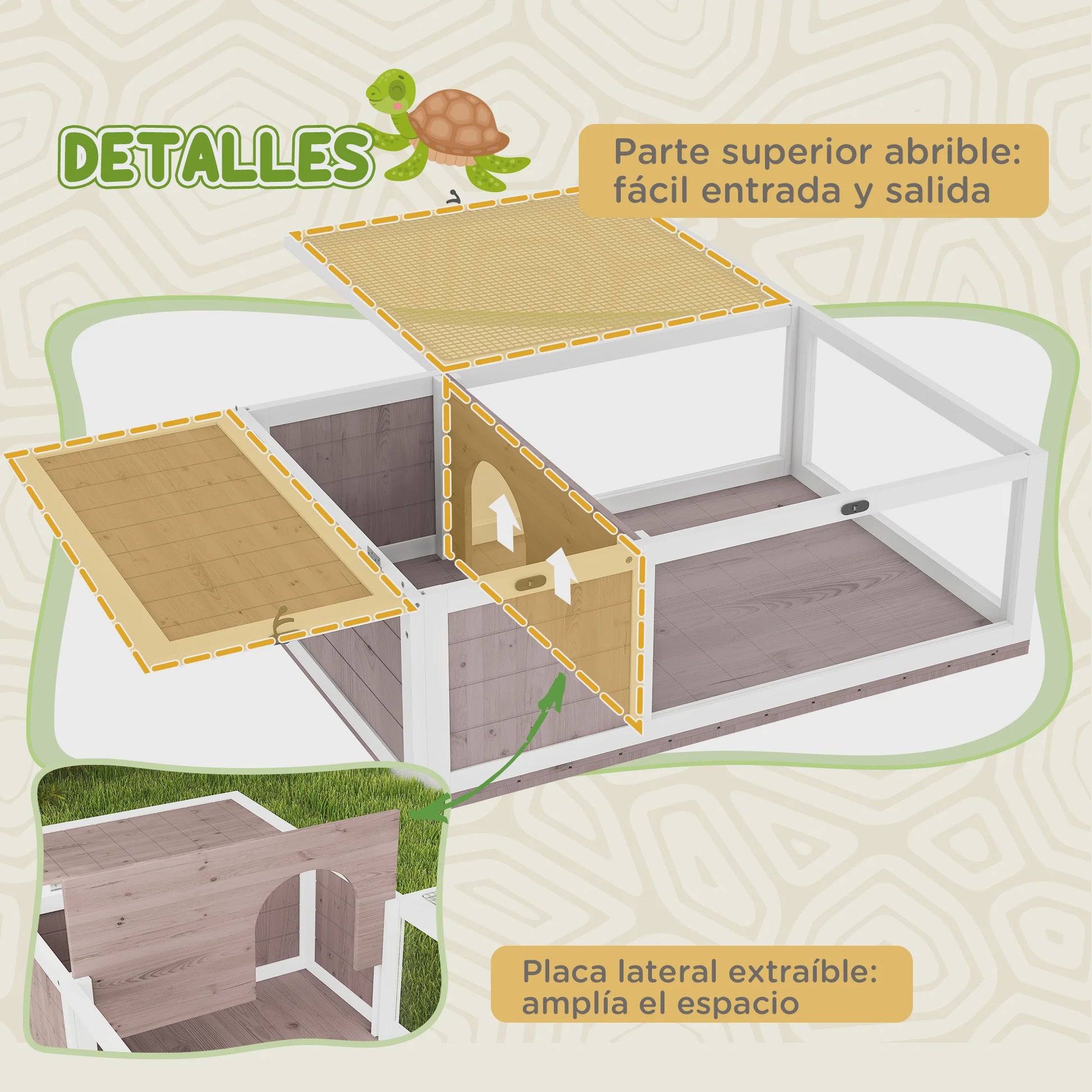 Houten Schildpaddenverblijf met Gaasdak en Verwijderbare Zijpanelen - 91x60.5x32 cm