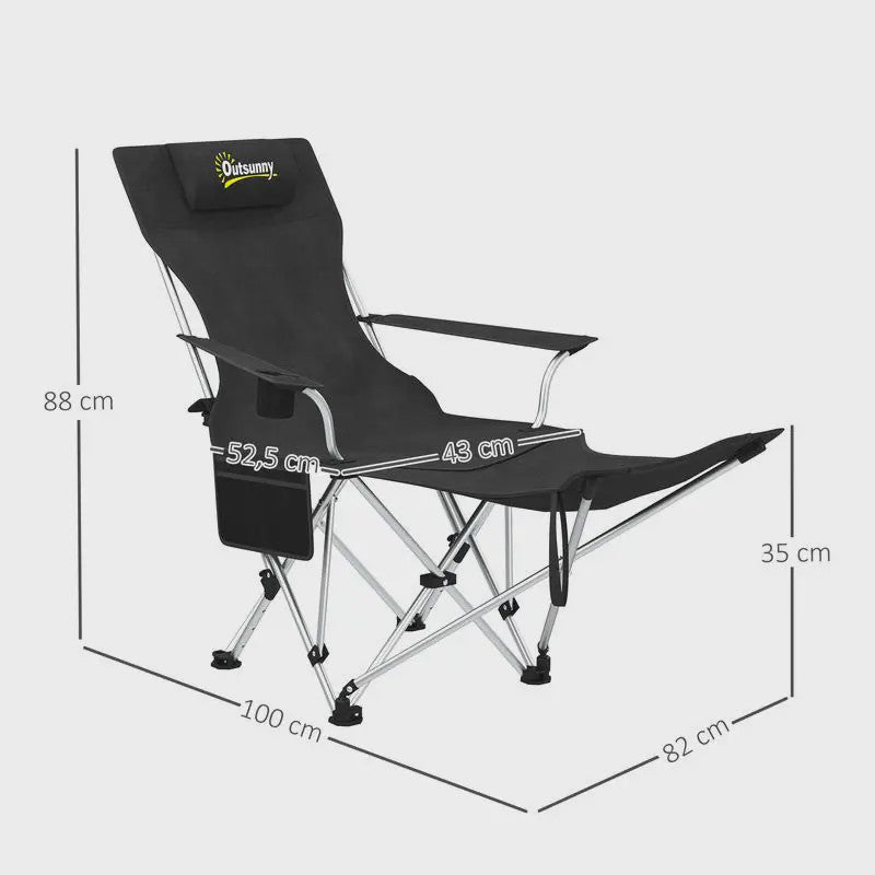 Set van 2 Zwarte Klapstoelen - Camping, Vissen, Strand - Met Voetensteun & Bekerhouder - 120kg Draagkracht