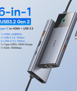 Baseus 10-in-1 USB-C Hub: 8K/4K Dual HDMI, 10Gbps, RJ45, PD 100W - Uitbreidingsstation voor MacBook & Laptop