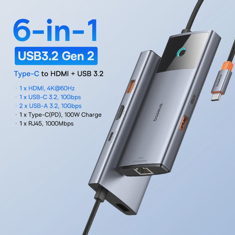 Baseus 10-in-1 USB-C Hub: 8K/4K Dual HDMI, 10Gbps, RJ45, PD 100W - Uitbreidingsstation voor MacBook & Laptop