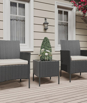 3-delige Buiten Terras Bistroset: PE Rotan Wicker Stoelen met Zachte Kussens & Glazen Salontafel - Compact Tuinmeubilair