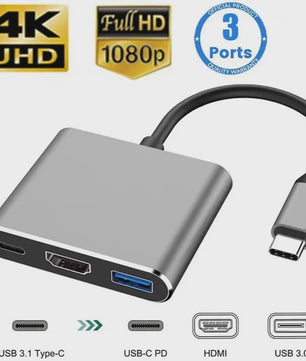 3-in-1 USB-C Hub: PD 100W Opladen, 4K HDMI & USB 3.0