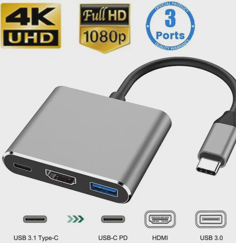 3-in-1 USB-C Hub: PD 100W Opladen, 4K HDMI & USB 3.0