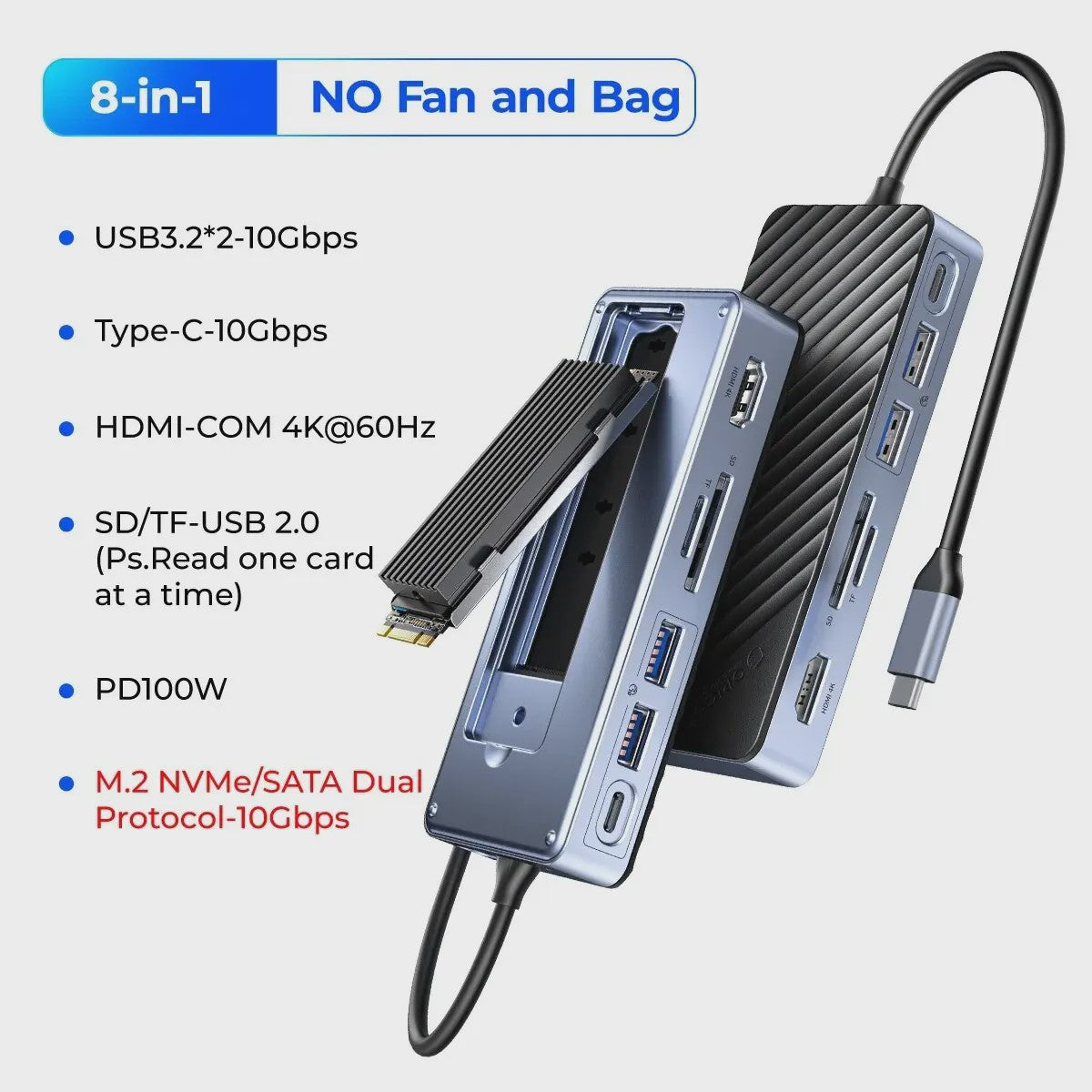 ORICO USB-C Docking Station met M.2 NVMe/SATA SSD Enclosure & 10Gbps Hub