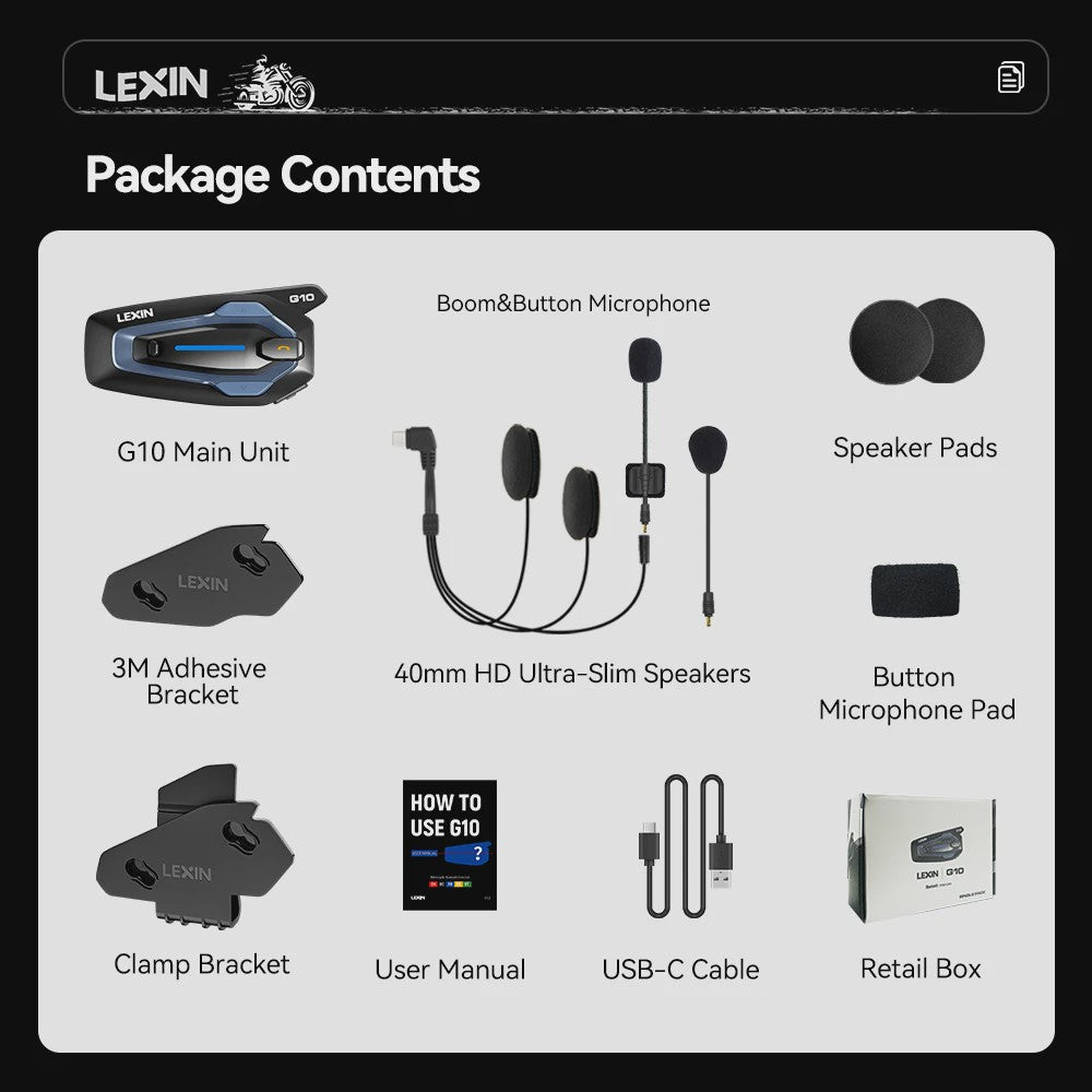 LEXIN G10 Motorhelm Intercom Systeem - 8 Rijders, Bluetooth 5.1, Parallel Audio & Muziek Delen