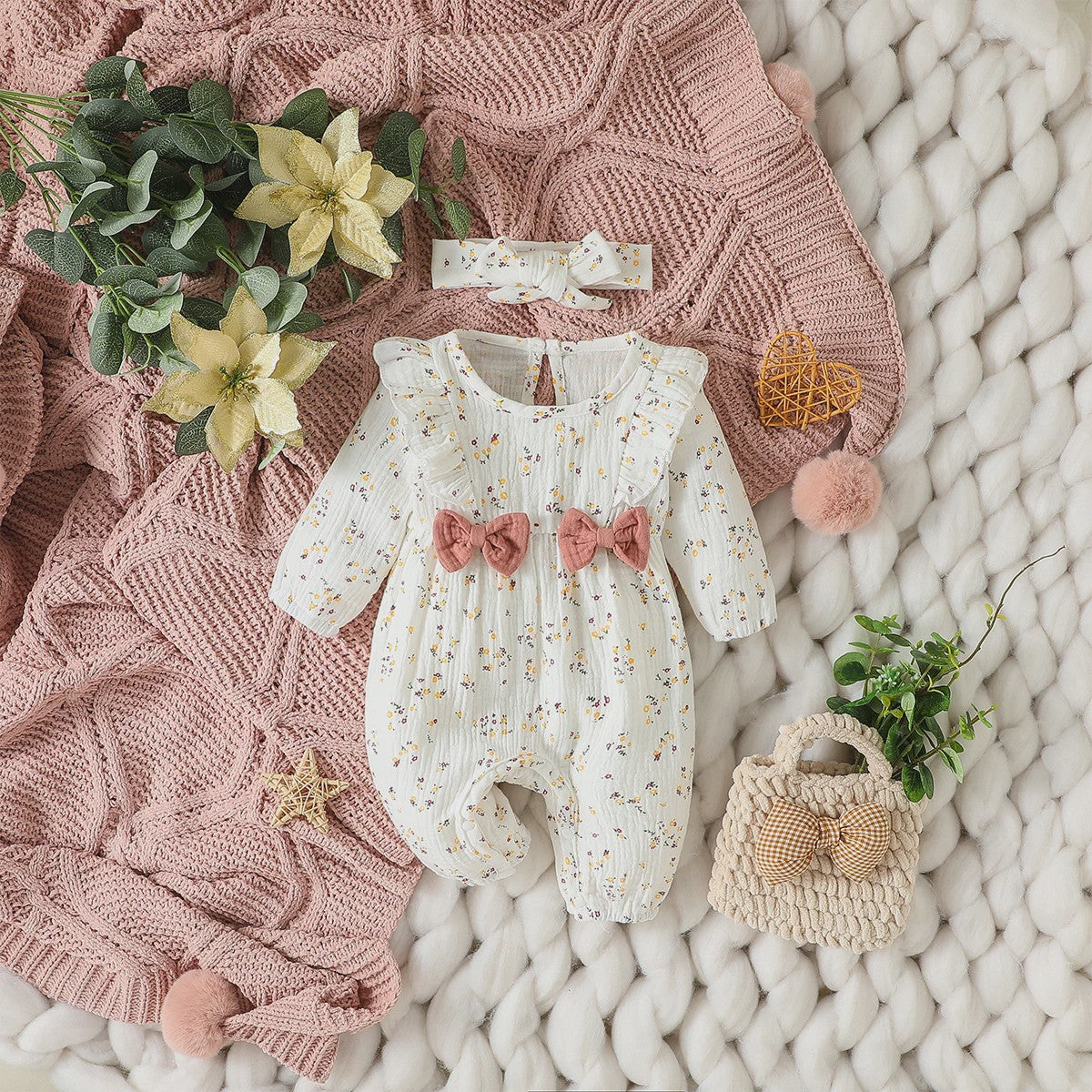 Schattige Baby Meisjes Jumpsuit met Hartjesprint en Strikje - Katoen, Lange Mouwen
