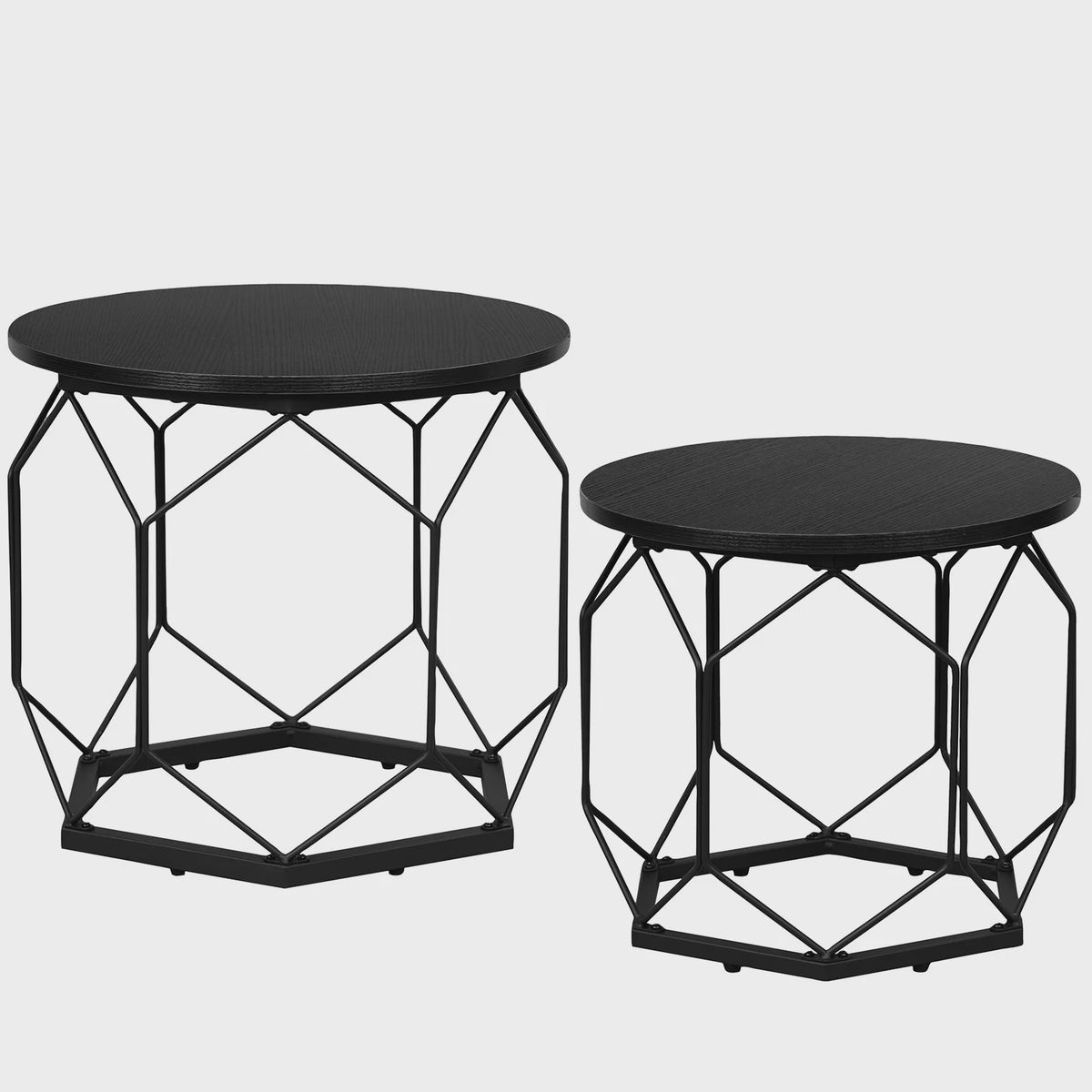 Set van 2 Ronde Bijzettafels met Opbergruimte - Stijlvolle Koffie- en Salontafels voor de Woonkamer met Metaal Frame en Hout